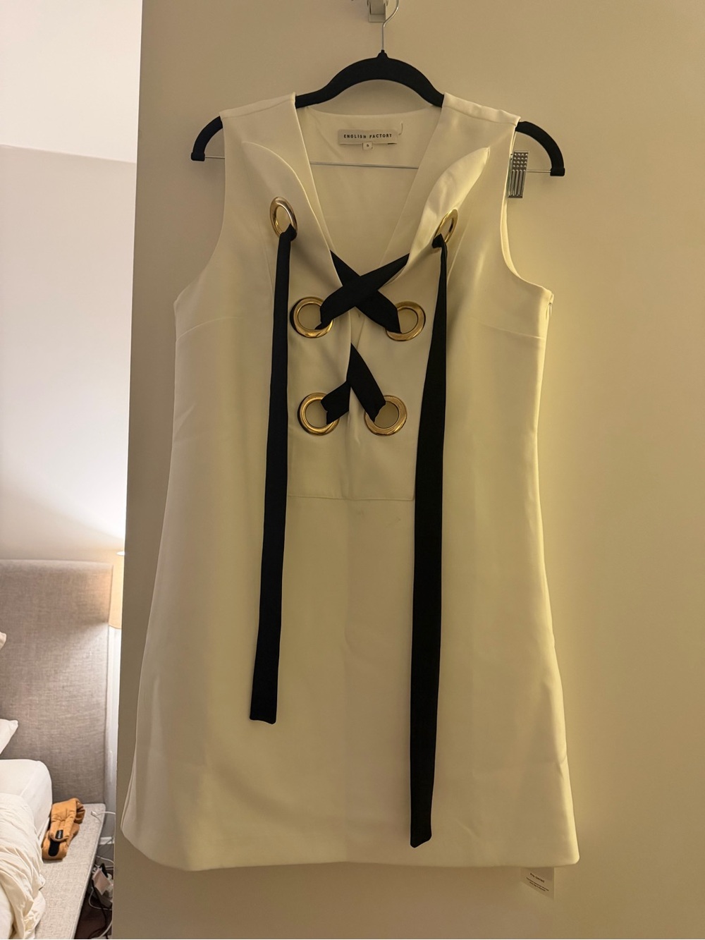 English Factory White Shift Dress with Black Ribbon & Gold Eyelets